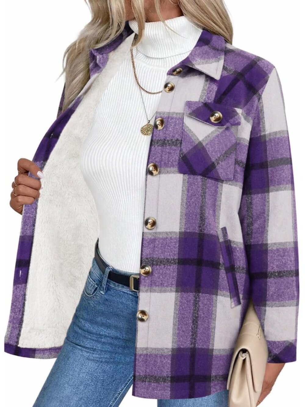 Women's Purple Sherpa Fleece Lined Winter Plaid Flannel Jacket With Pocket
